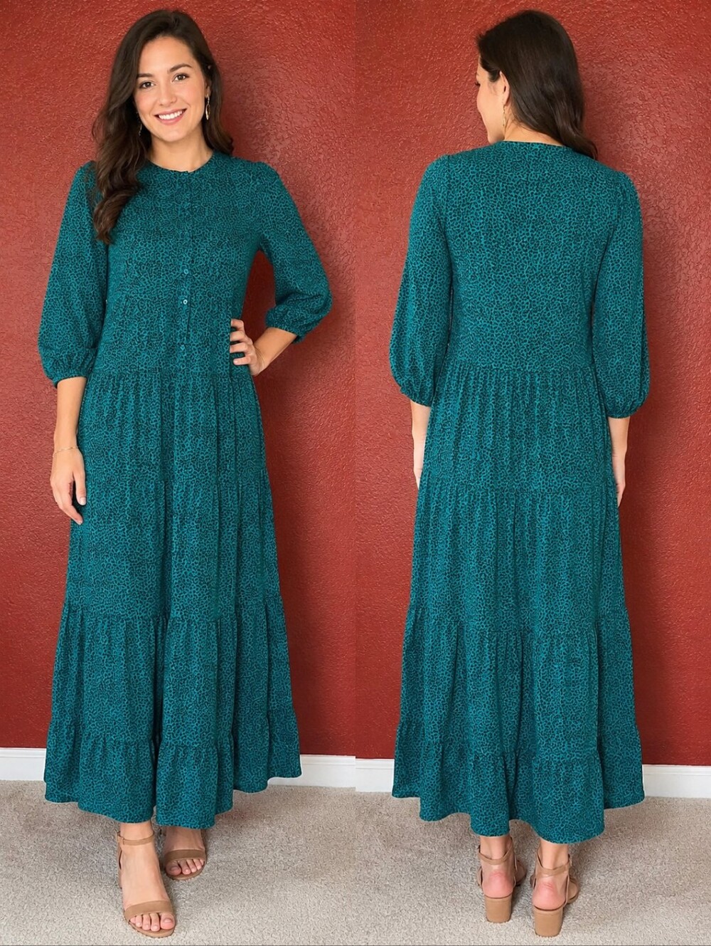 Teal Printed Tiered Maxi Dress - Women's Long Sleeve
